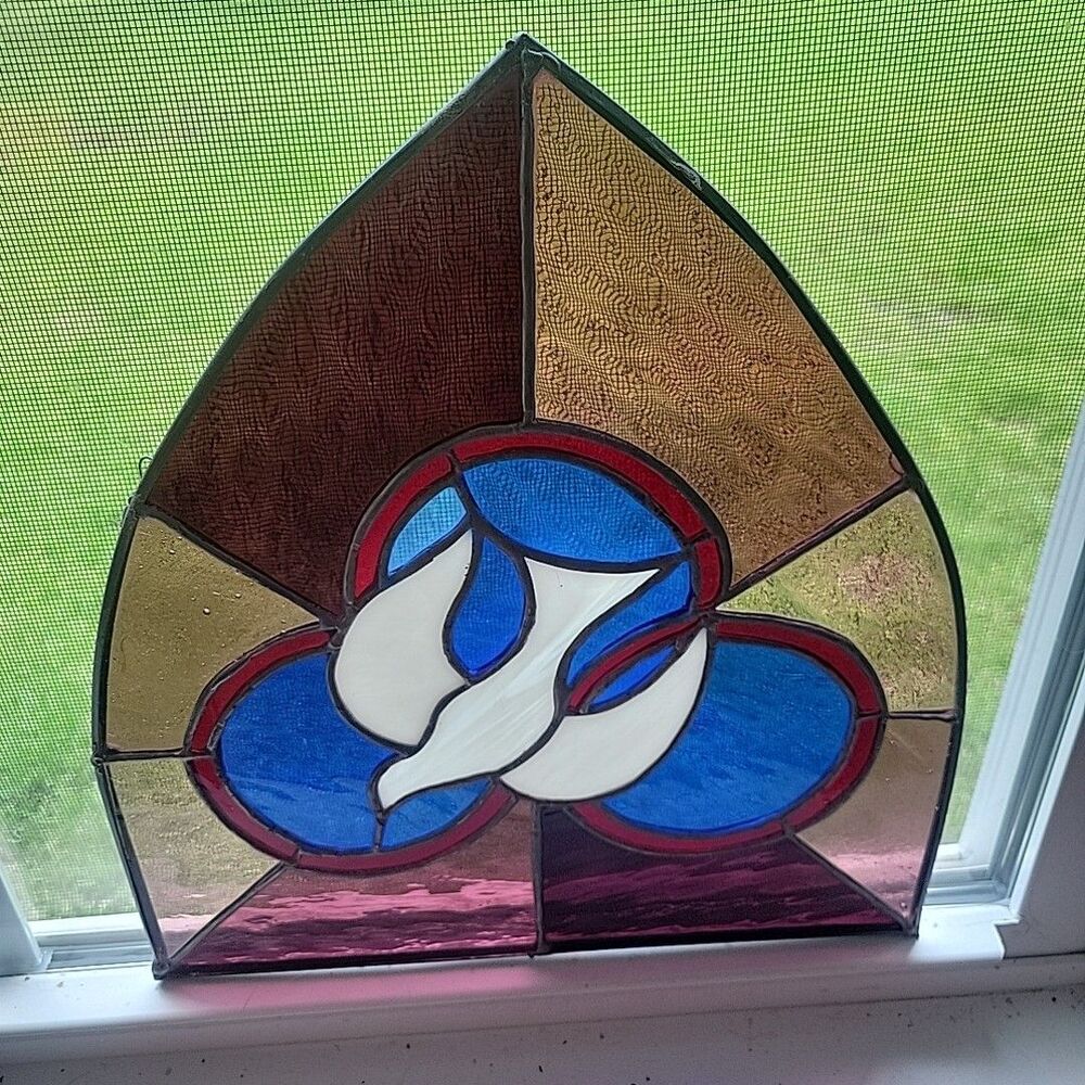 Vtg Stained glass gothic arch shaped suncatcher with dove 12.5" tall x 11.25"